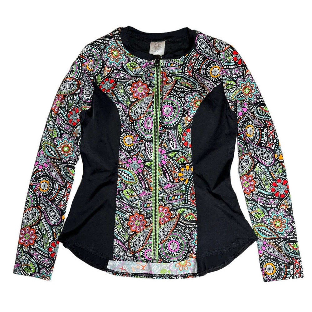 fit 4 u Sz 12 Long Sleeve Top Zip Up Swimwear Jacket Built in Bra 505252 Paisley